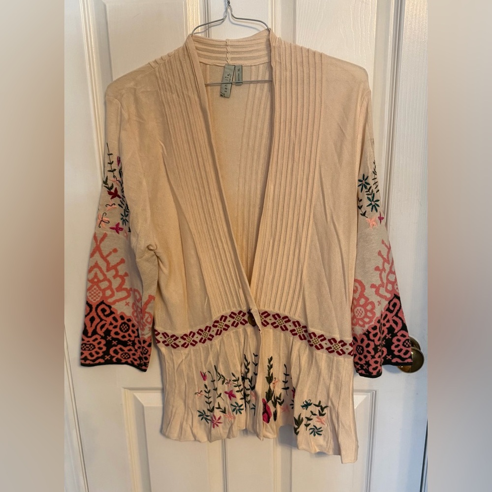 Sahalie Cream and Multi Floral Embroidered Cardigan, XL